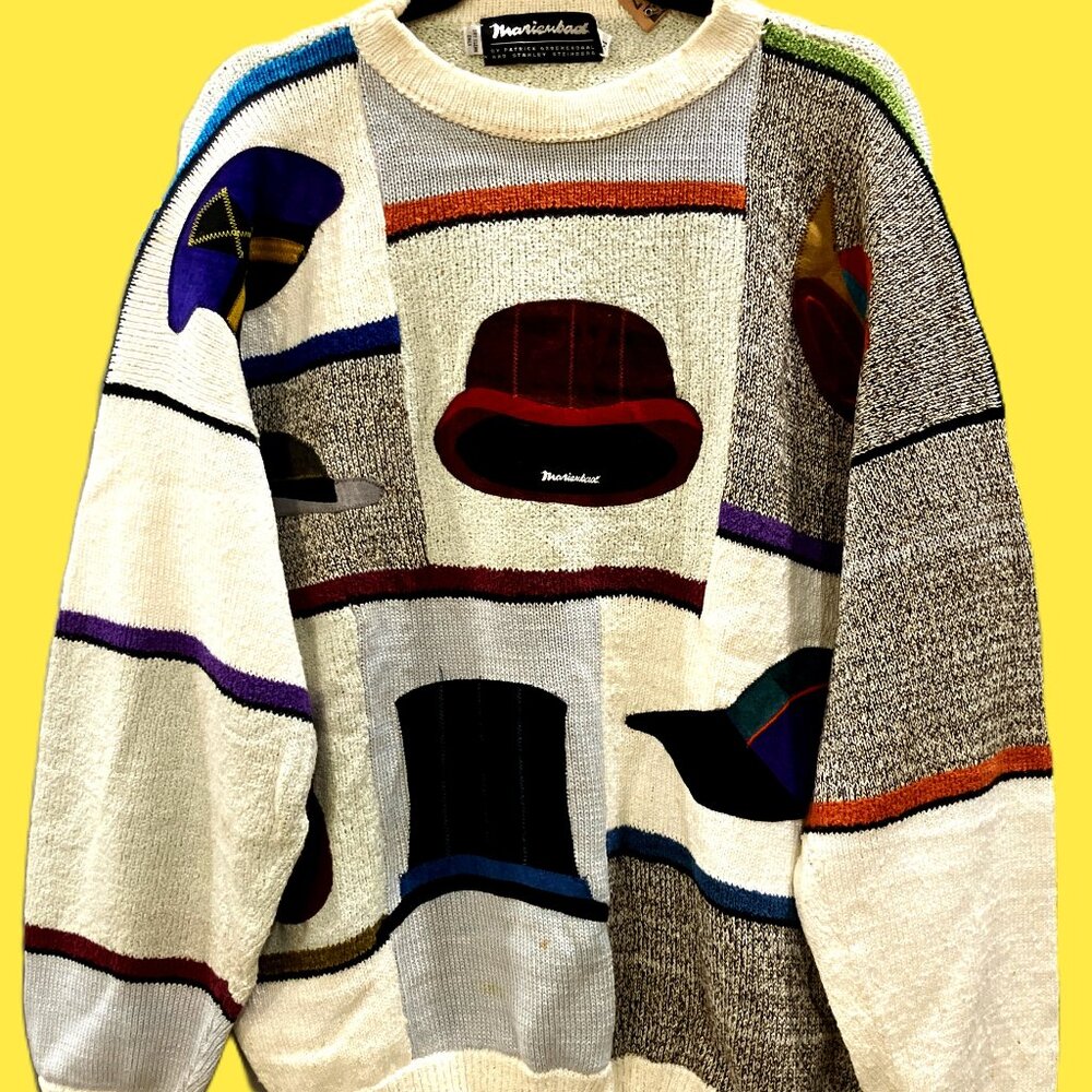 Rare Vintage 90s Marienbad Graphic Knit Sweater – Funky Hat Motif
